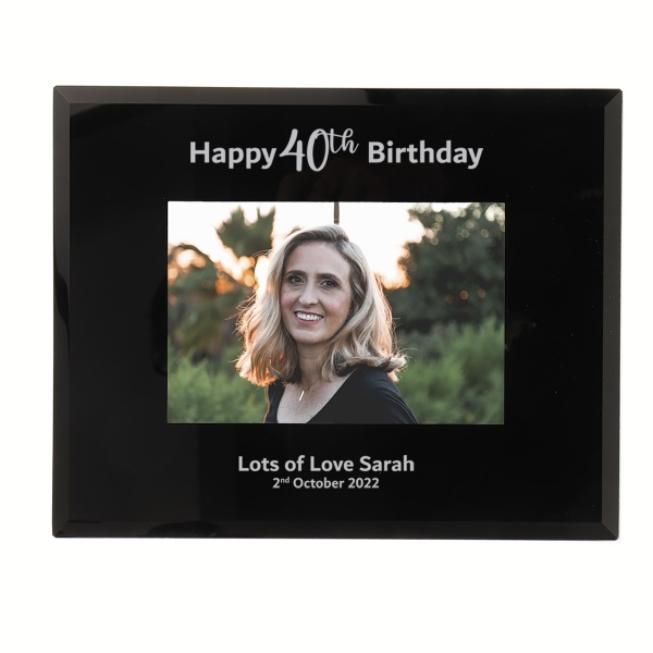 Personalised 40th Birthday Gift Happy 40th Birthday photo frame 6x4'' or 7x5'' Black Glass